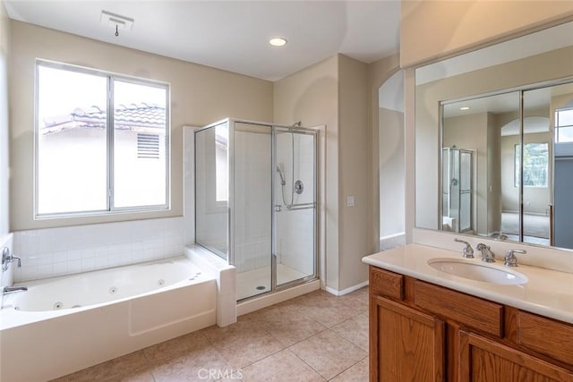 full bath featuring tile patterned flooring, a shower stall, vanity, and a tub with jets