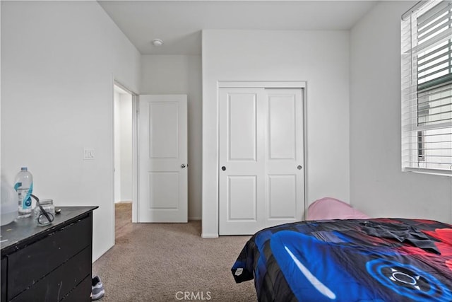 carpeted bedroom featuring a closet and multiple windows