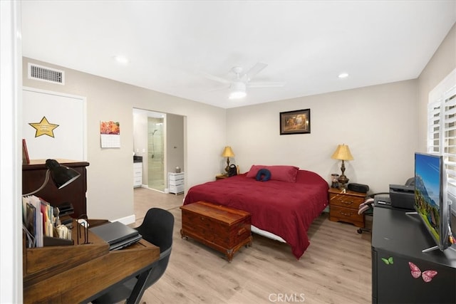 bedroom featuring visible vents, recessed lighting, light wood-type flooring, and ceiling fan