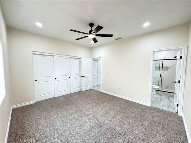 unfurnished bedroom featuring recessed lighting, visible vents, baseboards, and carpet