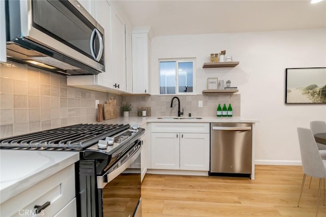 kitchen with light wood finished floors, a sink, stainless steel appliances, white cabinets, and tasteful backsplash