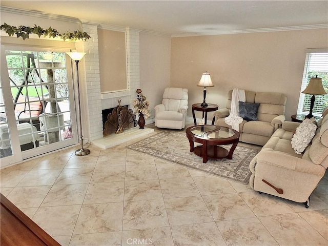 living room featuring a fireplace and ornamental molding