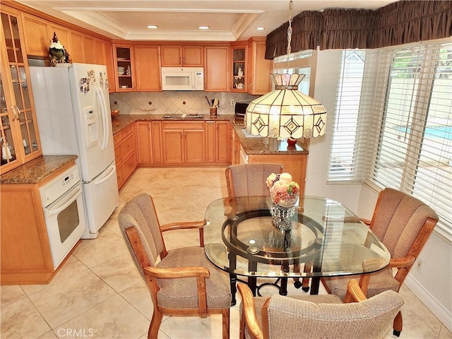 kitchen with white appliances, glass insert cabinets, and ornamental molding