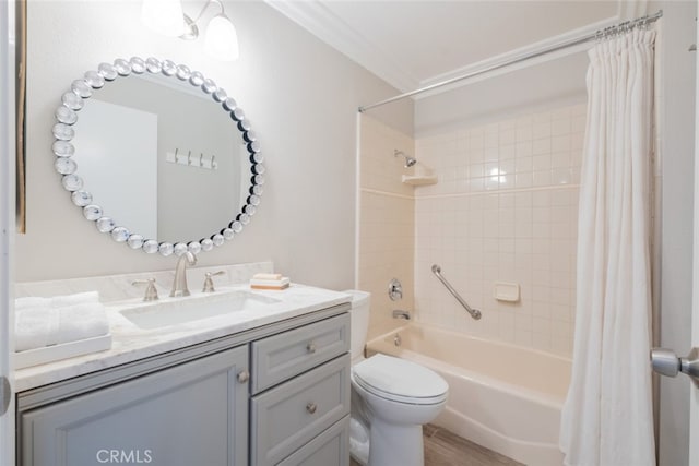 bathroom with crown molding, toilet, shower / tub combo with curtain, wood finished floors, and vanity