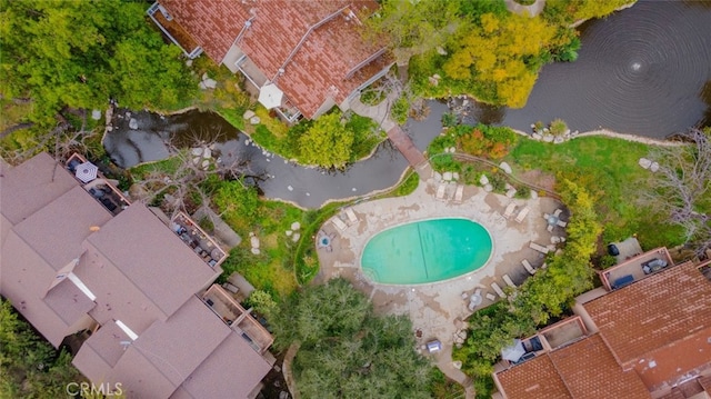 aerial view featuring a water view