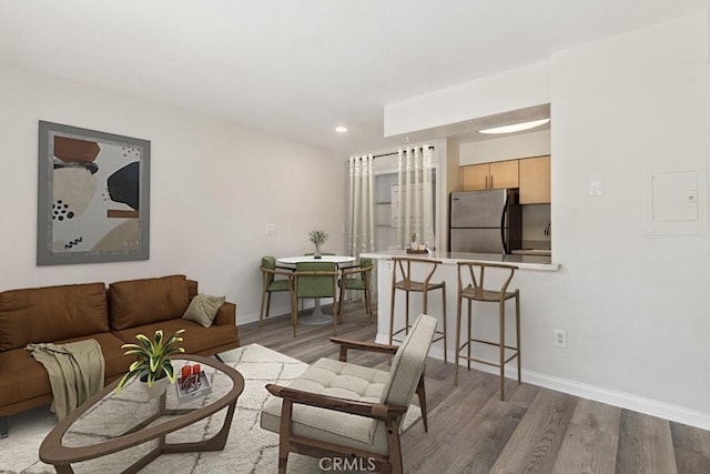 living area with recessed lighting, baseboards, and wood finished floors