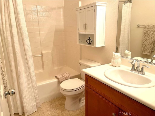 bathroom featuring vanity, toilet, and shower / tub combo with curtain