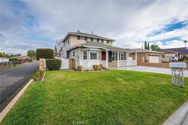 view of front facade featuring stucco siding, a front lawn, driveway, fence, and covered porch