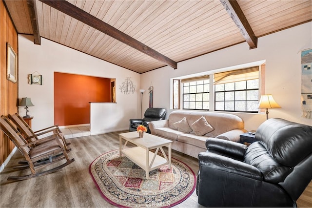 living area with lofted ceiling with beams, baseboards, wood ceiling, and wood finished floors