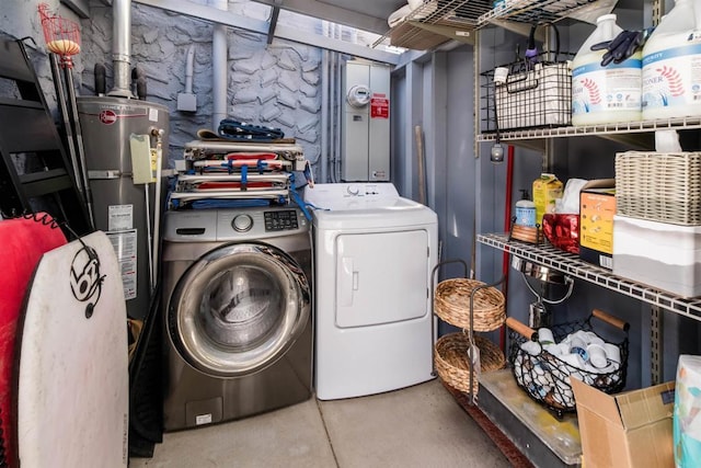 laundry room with independent washer and dryer, laundry area, and water heater