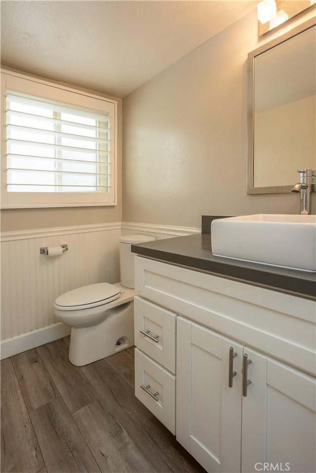 half bath featuring vanity, toilet, wood finished floors, and a wainscoted wall