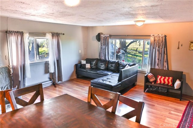 living room with baseboards, wood finished floors, a baseboard radiator, and a textured ceiling