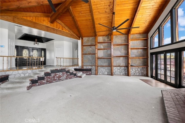 misc room featuring beam ceiling, high vaulted ceiling, carpet, wooden ceiling, and ceiling fan