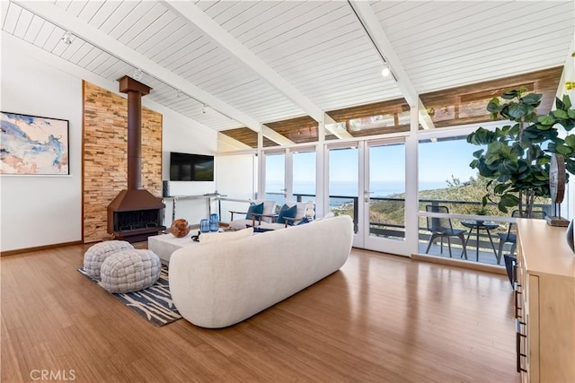 living area with baseboards, light wood finished floors, a wood stove, track lighting, and beamed ceiling