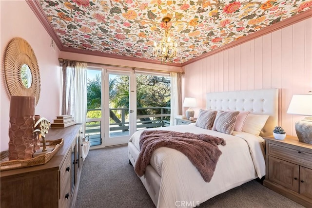 bedroom with an inviting chandelier, access to exterior, carpet, and ornamental molding