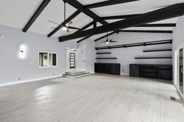 32404 Womsi Rd, Pauma Valley, CA 92061 - unfurnished living room with ceiling fan, beamed ceiling, wood finished floors, and high vaulted ceiling