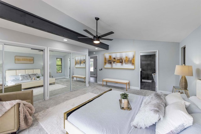 32404 Womsi Rd, Pauma Valley, CA 92061 - carpeted bedroom featuring two closets, lofted ceiling, ceiling fan, ensuite bath, and recessed lighting