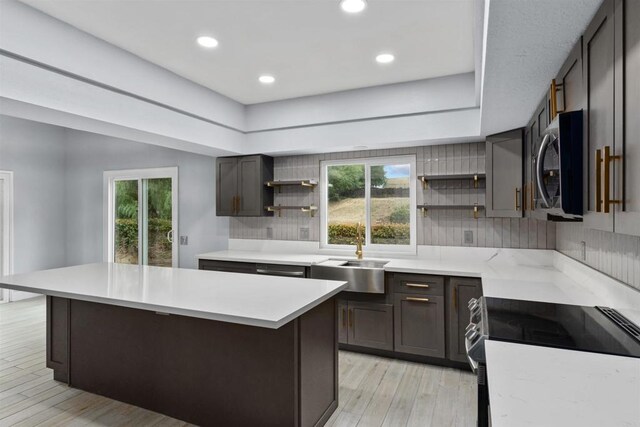 32404 Womsi Rd, Pauma Valley, CA 92061 - kitchen with stainless steel microwave, electric range oven, open shelves, light wood-style floors, and recessed lighting
