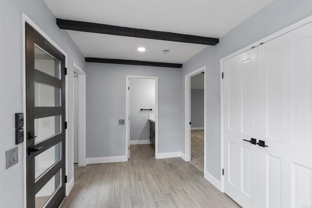 32404 Womsi Rd, Pauma Valley, CA 92061 - hallway featuring beamed ceiling, light wood-style flooring, and recessed lighting