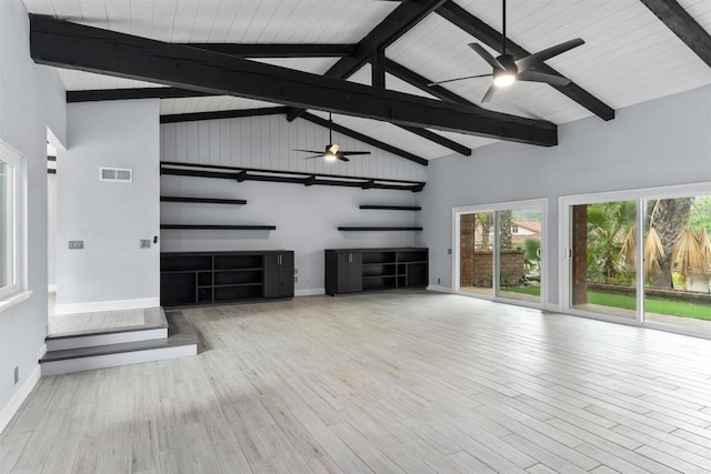 32404 Womsi Rd, Pauma Valley, CA 92061 - unfurnished living room with ceiling fan, wood finished floors, high vaulted ceiling, and a wooden ceiling with exposed beams