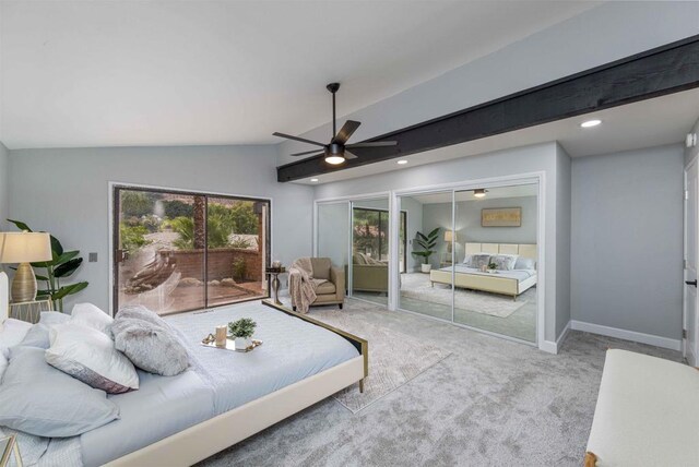 32404 Womsi Rd, Pauma Valley, CA 92061 - carpeted bedroom featuring access to outside, lofted ceiling, ceiling fan, and two closets