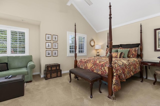 carpeted bedroom with baseboards, multiple windows, high vaulted ceiling, and ornamental molding