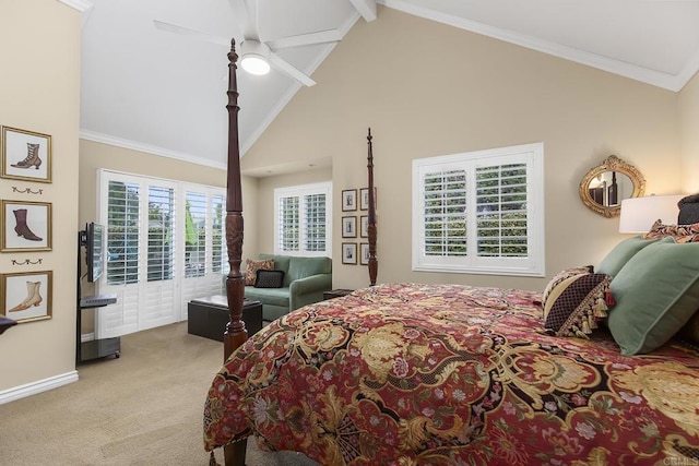 bedroom with baseboards, carpet floors, high vaulted ceiling, and crown molding