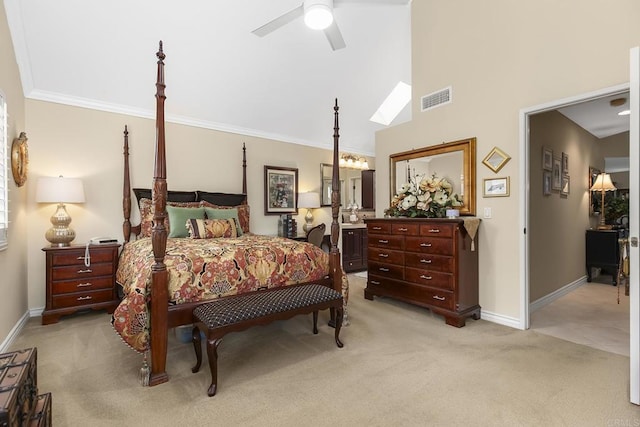 bedroom featuring baseboards, visible vents, high vaulted ceiling, light carpet, and crown molding