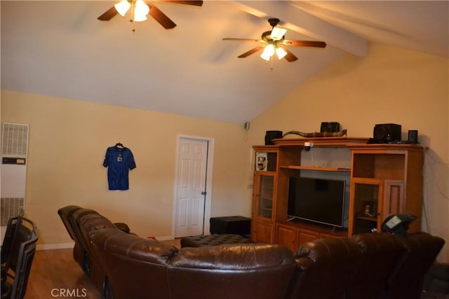 living area with baseboards, lofted ceiling with beams, ceiling fan, and wood finished floors