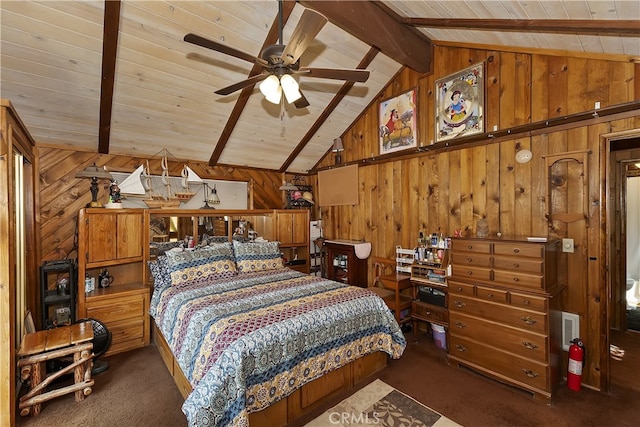 bedroom featuring wooden walls, wooden ceiling, vaulted ceiling with beams, and carpet floors