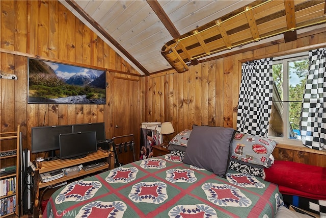 bedroom featuring lofted ceiling, wooden walls, and wooden ceiling