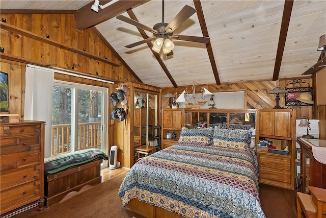 carpeted bedroom featuring wood ceiling, wood walls, vaulted ceiling with beams, and access to exterior