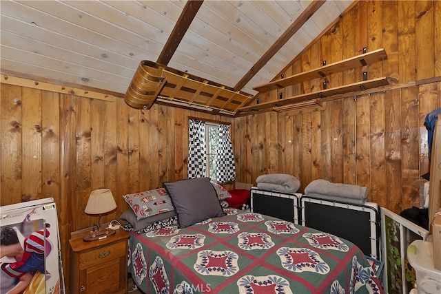 bedroom with wood walls, wooden ceiling, and vaulted ceiling with beams