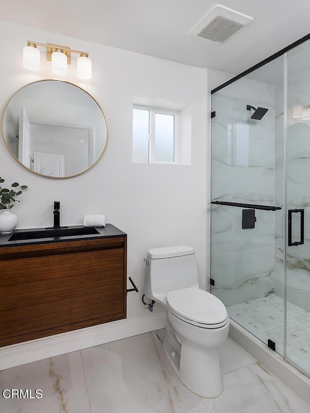 full bathroom with visible vents, toilet, a stall shower, marble finish floor, and vanity