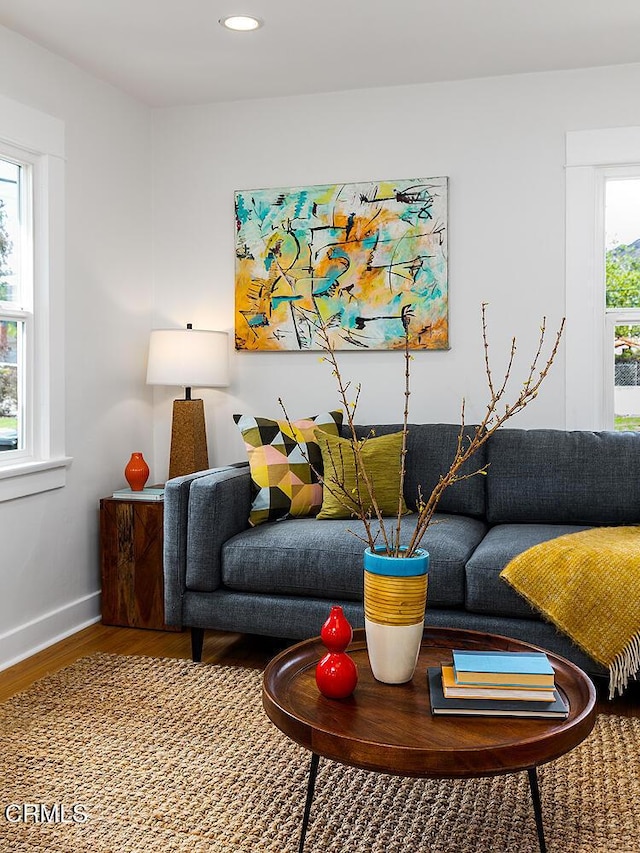 living area with recessed lighting, baseboards, and wood finished floors