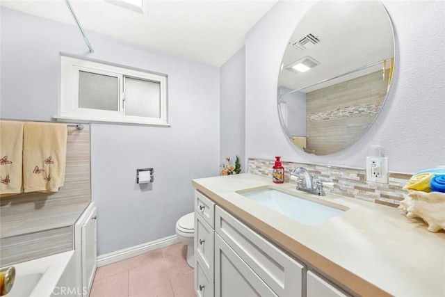 bathroom featuring tasteful backsplash, visible vents, tile patterned flooring, toilet, and vanity