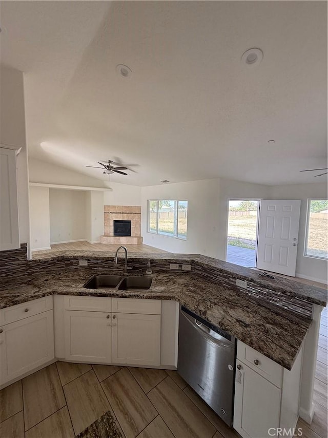 kitchen with dark stone countertops, stainless steel dishwasher, a sink, a fireplace, and a ceiling fan