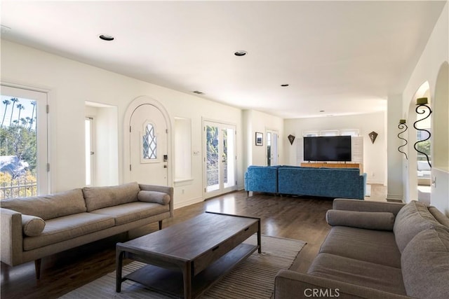 living room with recessed lighting and wood finished floors