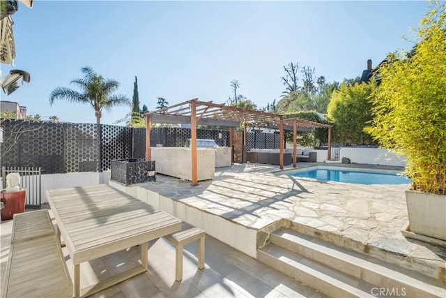 view of pool featuring an outdoor living space, a fenced in pool, fence, a pergola, and a patio