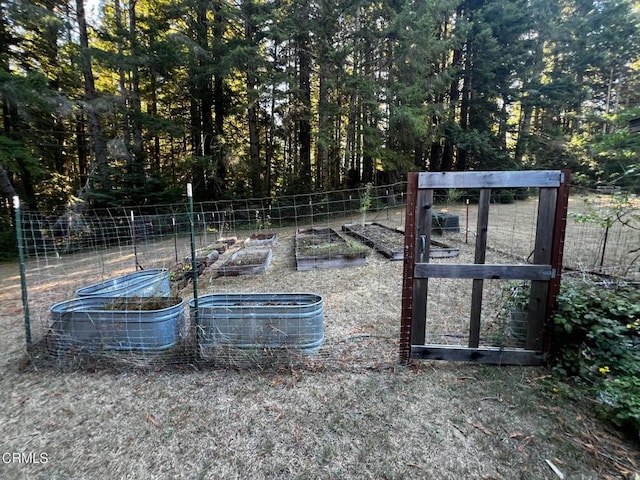 view of yard featuring a garden, a gate, and fence