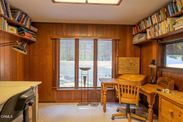 office space featuring carpet and wood walls