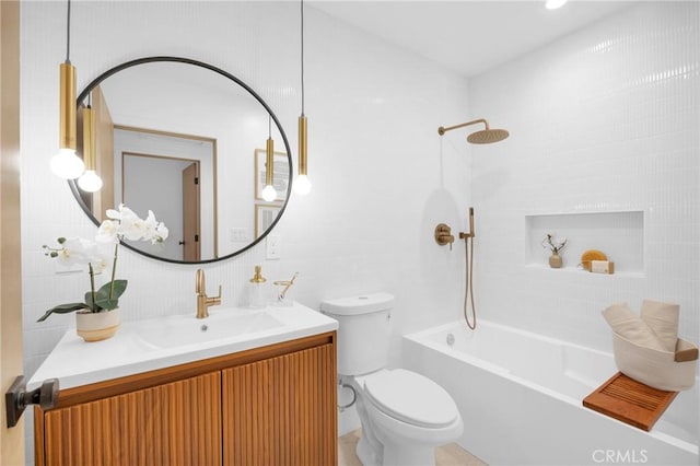 full bathroom featuring backsplash, toilet, vanity, and shower / tub combination