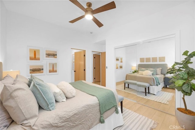 bedroom featuring ceiling fan and wood finished floors