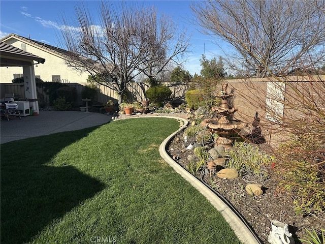 view of yard with a fenced backyard and a patio