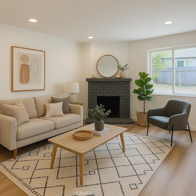 living area featuring light wood-type flooring, recessed lighting, and a fireplace