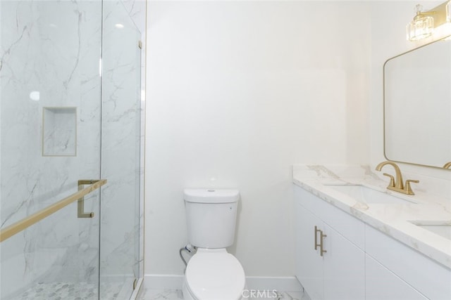 bathroom with baseboards, a marble finish shower, a sink, toilet, and marble finish floor