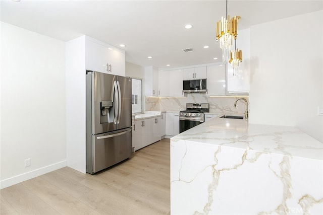 kitchen with light stone countertops, a sink, appliances with stainless steel finishes, white cabinetry, and backsplash