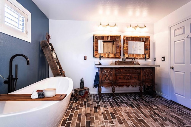 23461 Darcy Ln, Newhall, CA 91321 - full bath featuring double vanity, brick patterned flooring, and baseboards