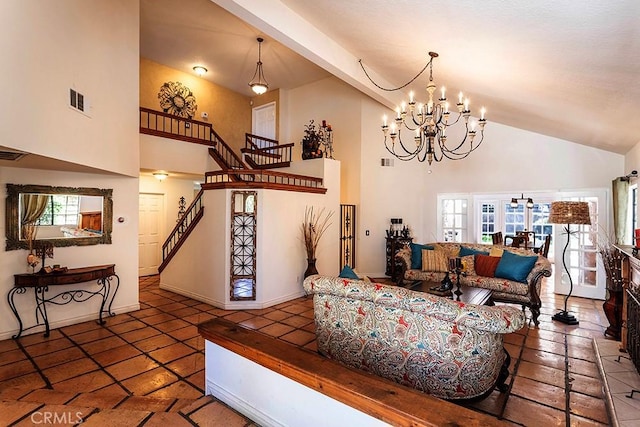23461 Darcy Ln, Newhall, CA 91321 - tiled living room featuring high vaulted ceiling, healthy amount of natural light, stairway, a chandelier, and baseboards
