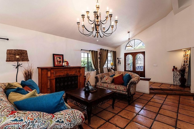 23461 Darcy Ln, Newhall, CA 91321 - living area with a chandelier, tile patterned floors, high vaulted ceiling, and a fireplace